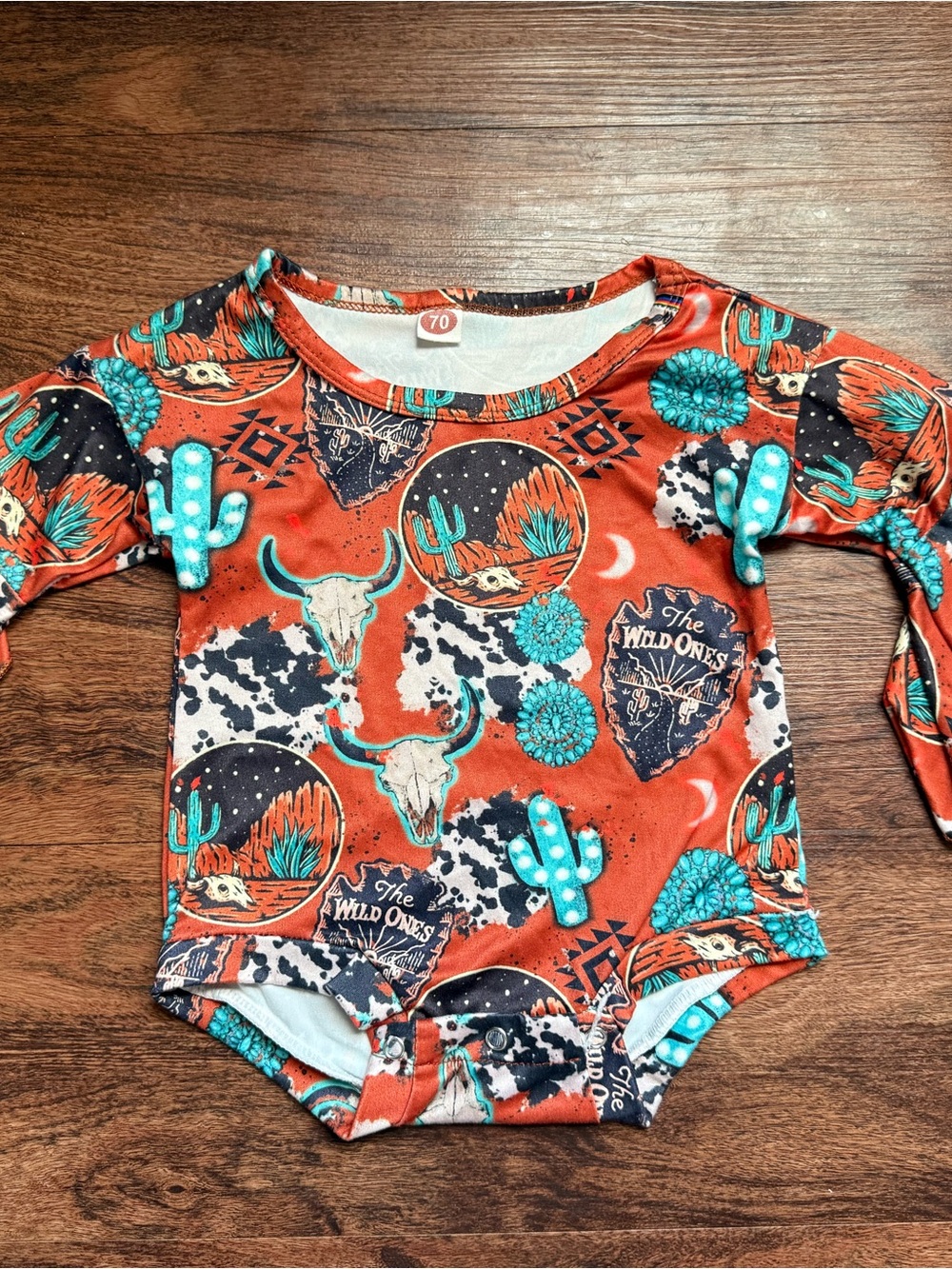 Rust & Teal Southwestern Cactus Long-Sleeve Baby Bodysuit